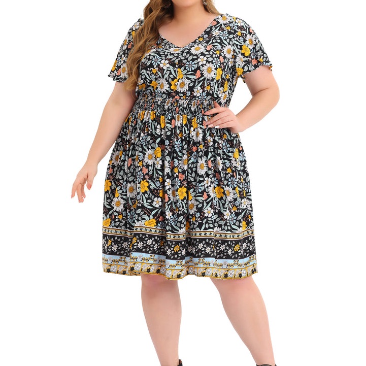 Plus Size Black Floral V-Neck Smocked Waist Midi Dress